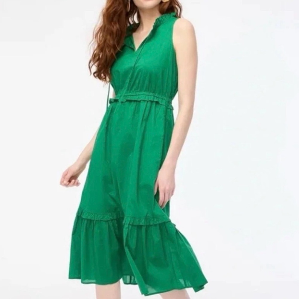J Crew Sleeveless Green Tiered Midi Dress